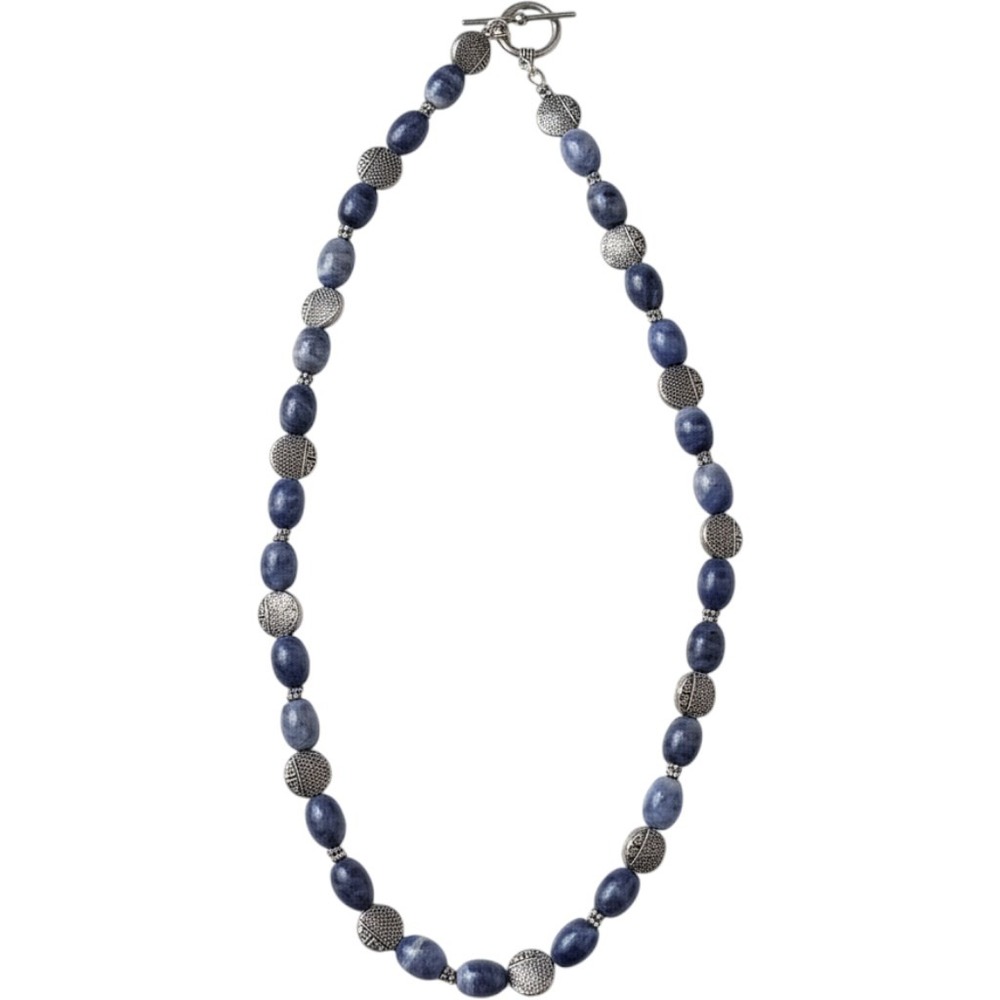 Sodalite Blue Stone Bead Necklace Silver Toneā Textured Disc Toggle Clasp 18"